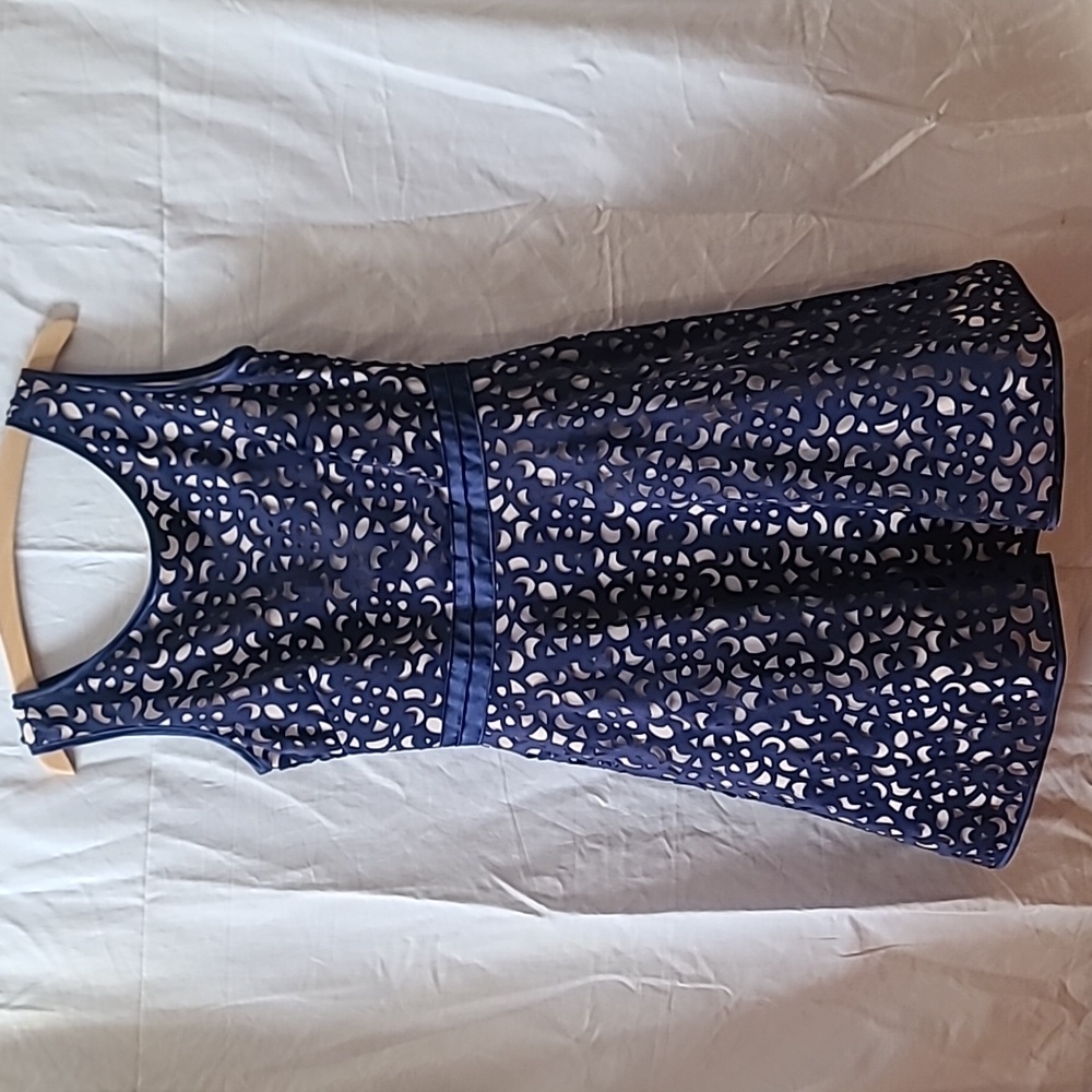Xscape laser cut navy blue skater dress 10